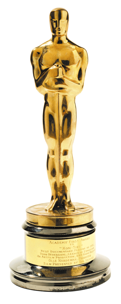 Oscar que ganó Thor Heryerdahl por su documental de la expedición Kon-Tiki.