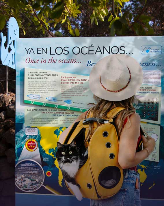 Visitante con mascota en la exposición sobre la contaminación plástica.